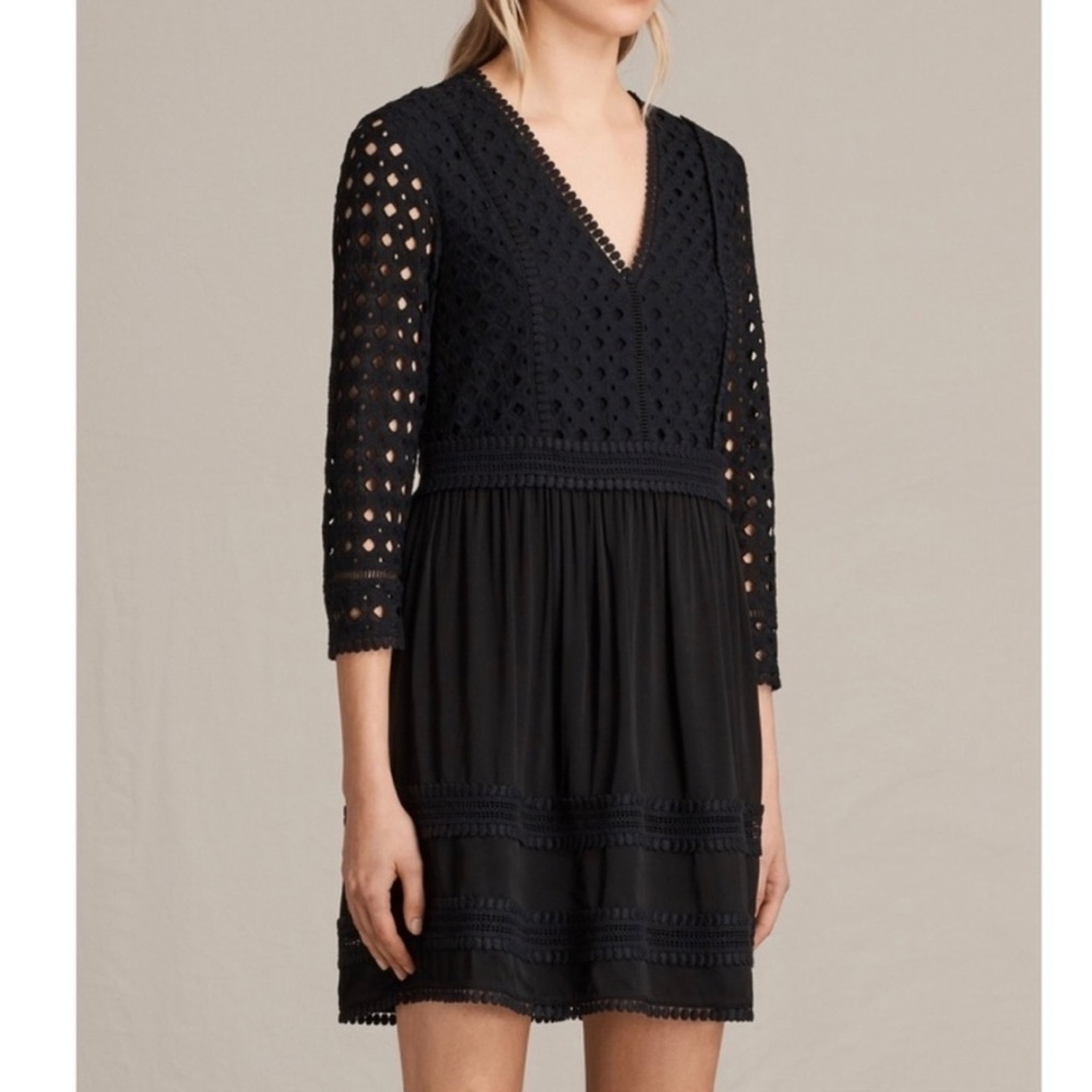 All Saints Black Crochet V-Neck Long Sleeve Mini Dress